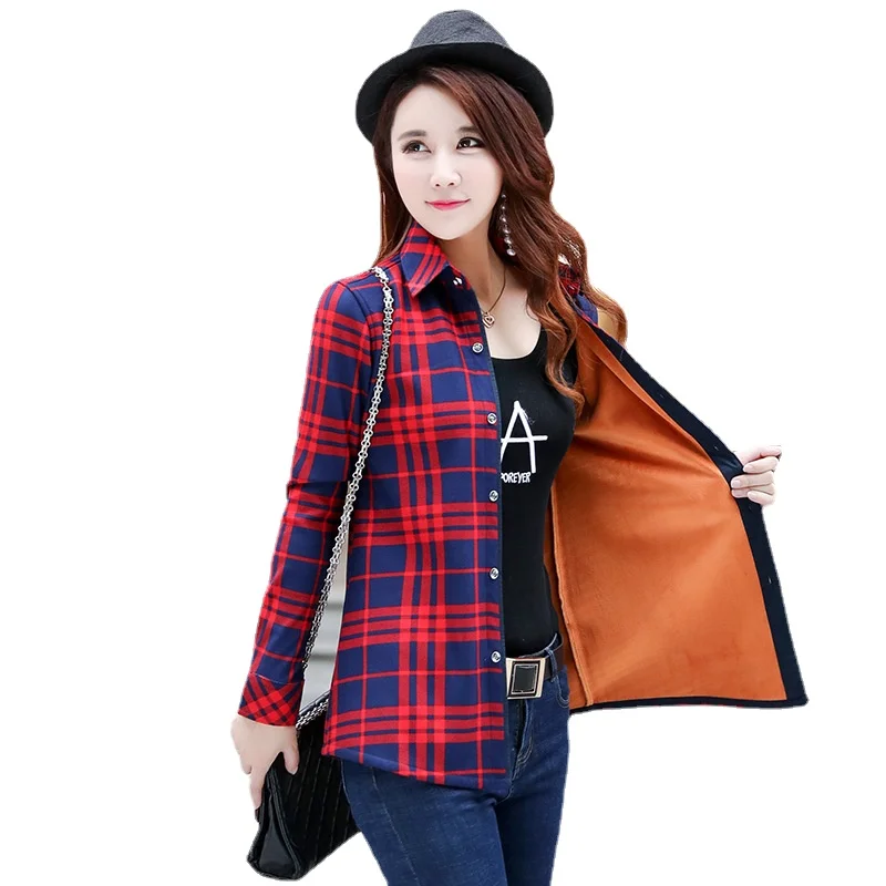 Women Winter Warm Fleece Plaid Blouse Fashion Long Sleeve Womens Tops Turn Down Collar Velvet Shirt Tops Blusas Chemise Femme