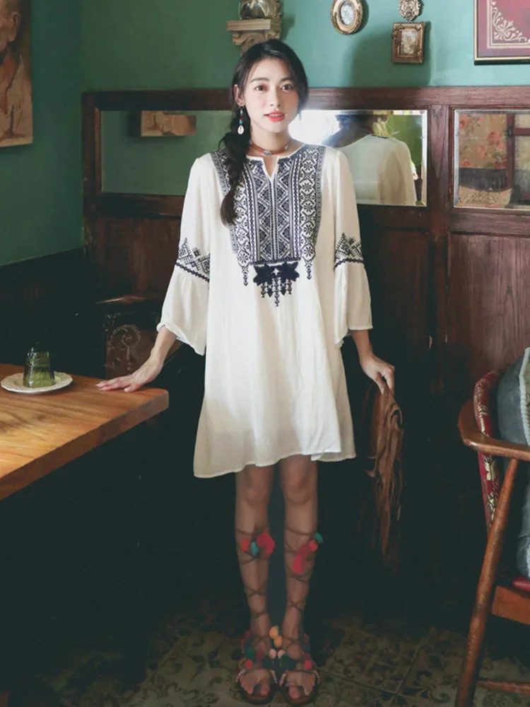 Embroidered Linen Dress Cotton  Linen Printed Dress Embroidery