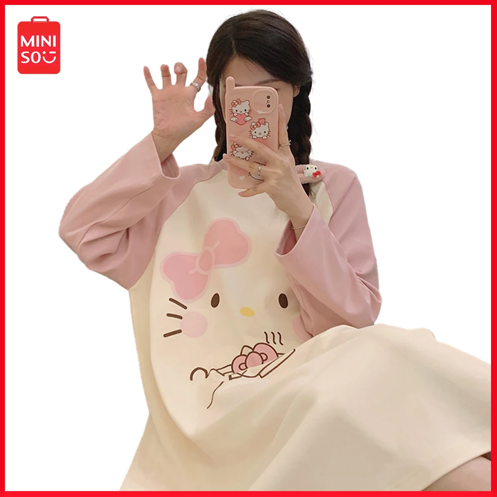 

2023 New Miniso Sanrio Hellokitty Spring Autumn Women's Long Sleeve Nightgown Cute Pajamas Large Size Homewear Pullover Skirt