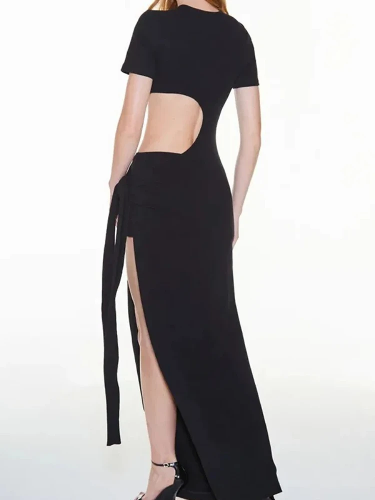 Y2k New Fashionable Women's Round Neck Halter Strap Short Sleeved Dress Casual Slim Sexy Split End Solid Color Street Long Skirt