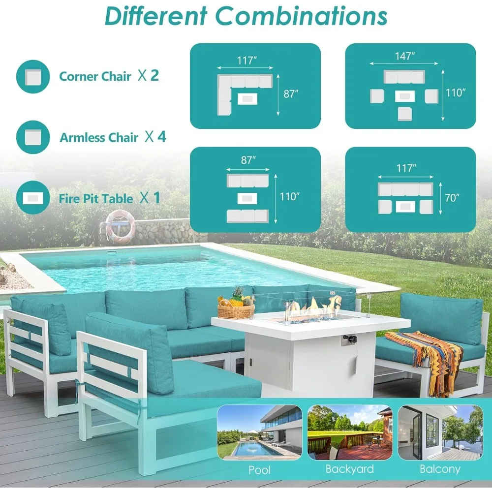 Aluminum terrace furniture with fire pit dialogue set, equipped with 29 inch deep seats (sky blue with white aluminum) 6