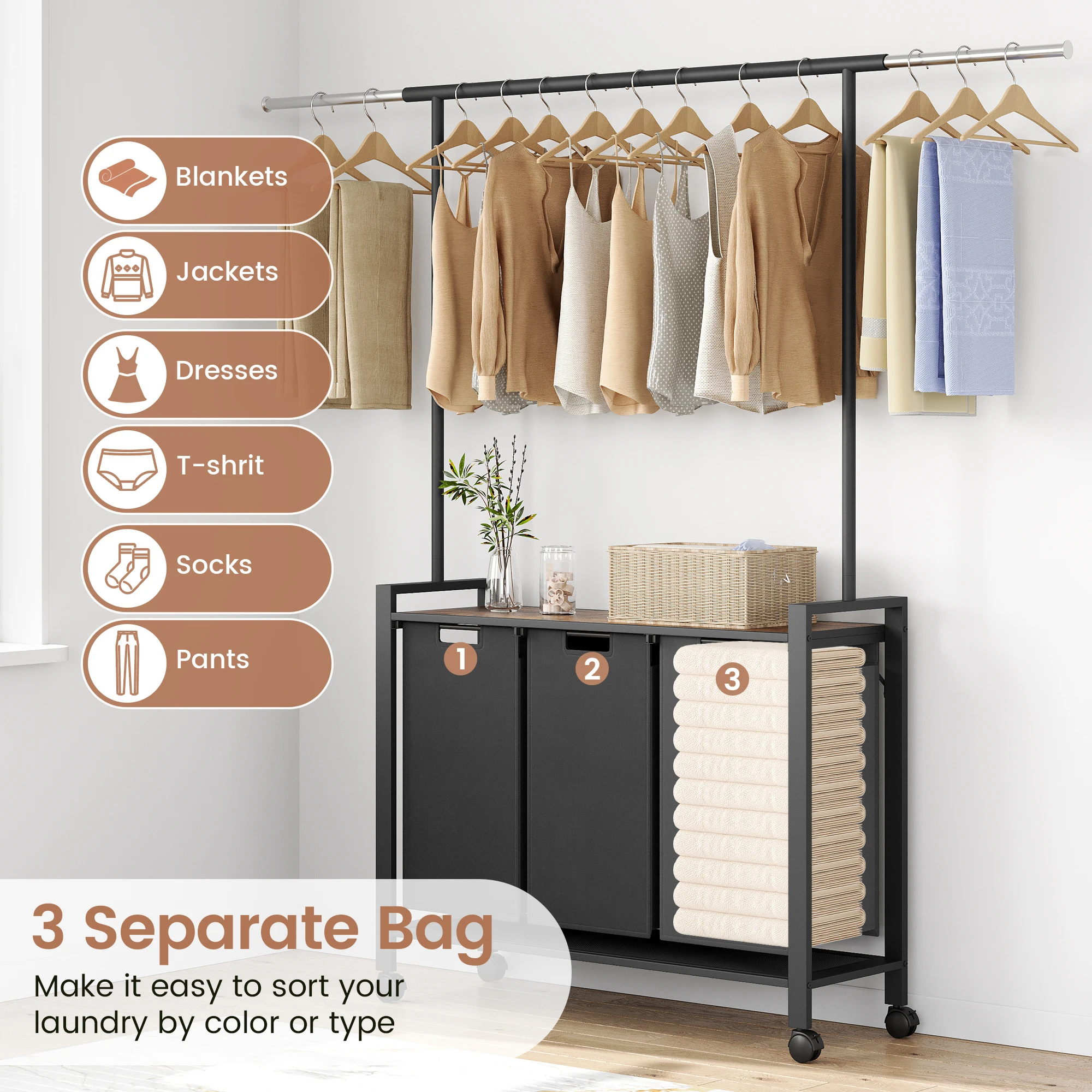 Ironwood Hanging Laundry Basket with Rod and Shelf