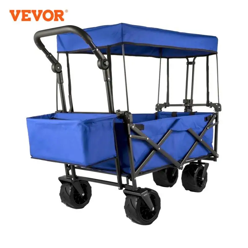 Folding Wagon Cart VEVOR Folding Wagon Cart Adjustable Handle Bar Removable Canopy Oxford Cloth Collapsible Shopping Outdoor Camping Beach Cart
