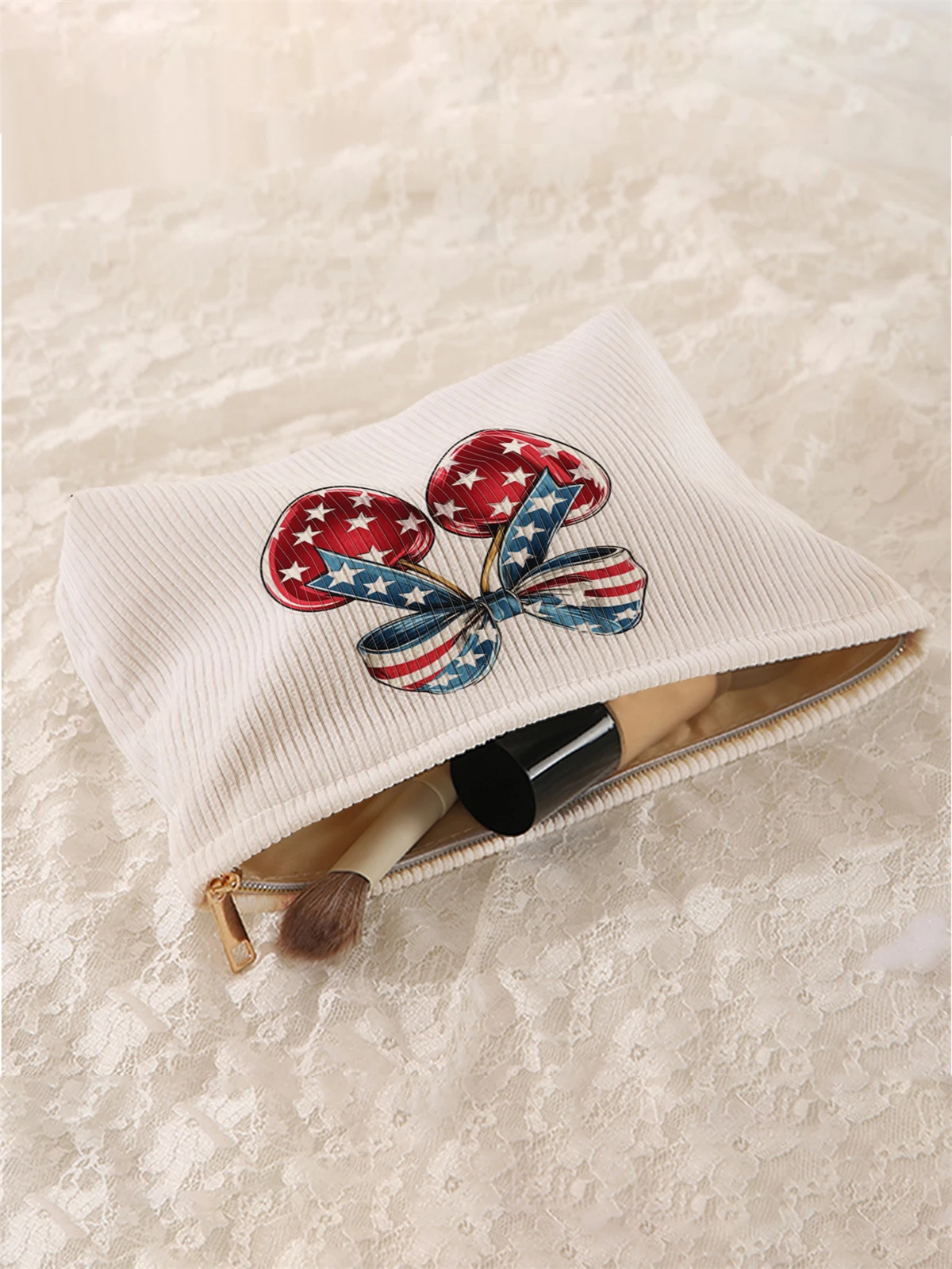 1 butterfly knot patterned corduroy makeup bag, lightweight zipper makeup storage box, multifunctional bag with lining