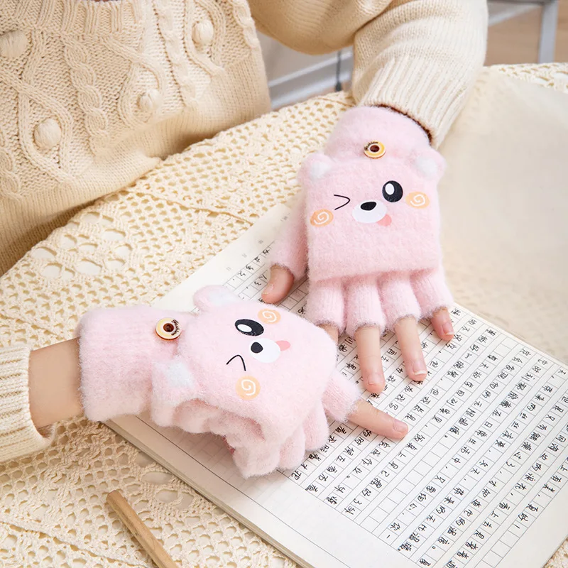Cute Baby Five-finger Male Breathable New Winter Warm Children Winter Cold Cartoon Half-finger Flip Kids Gloves & Mittens
