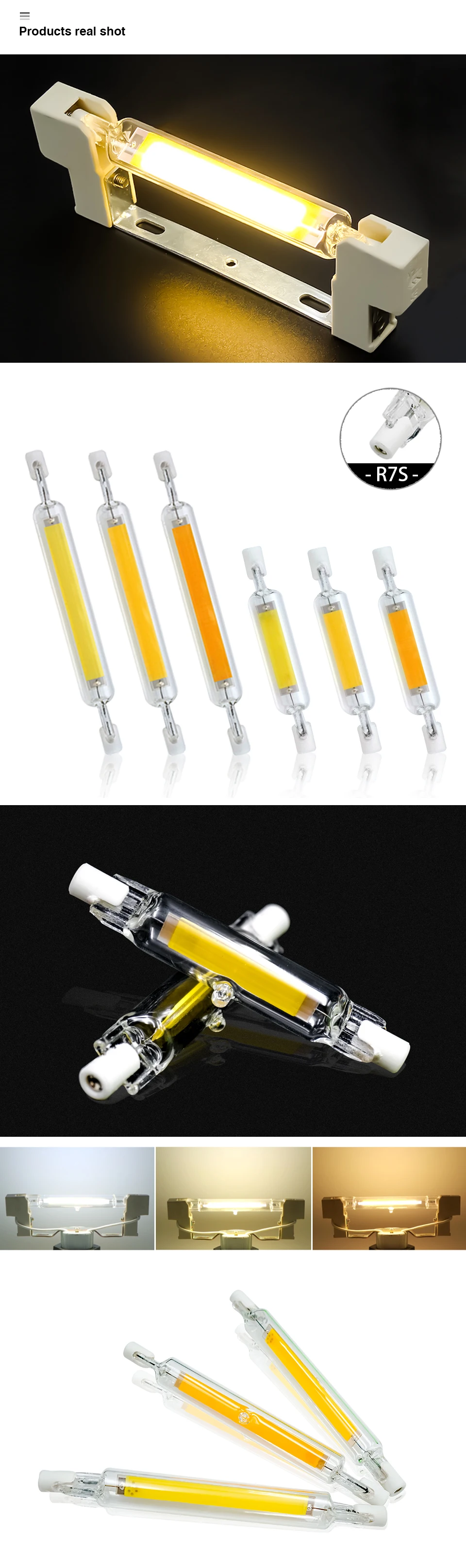 Description Picture 5 of itemR7S LED 78mm J78 118mm J118 Light Bulb 5W 10W 20W COB Glass Lampada R7s Tube AC 110V 220V Energy Saving Replace Halogen Light