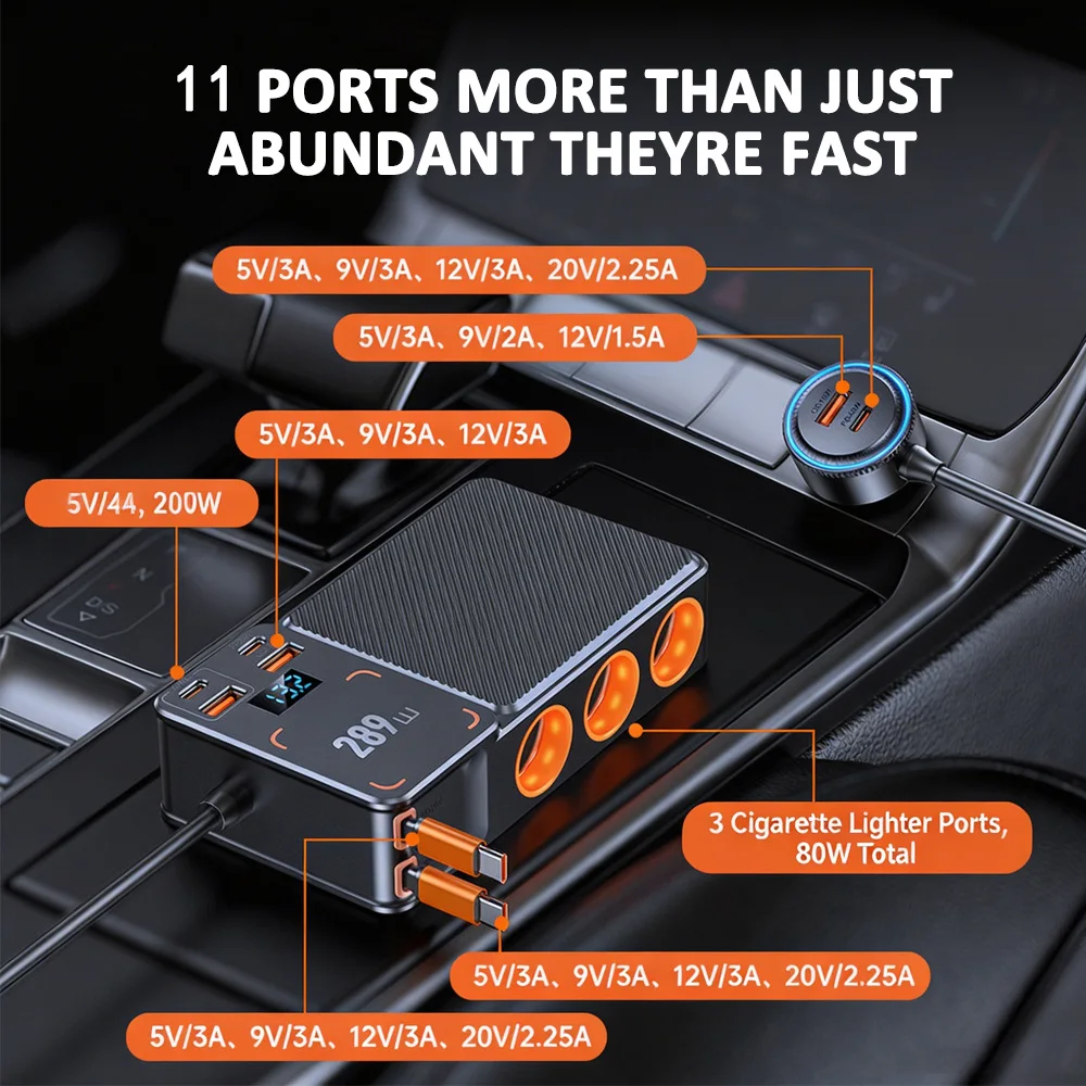11 in 1 시거잭 분배기 289w12v/24v 차량용 충전 어댑터 PD/QC 3.0 충전 3구 DC 시거잭 분배기