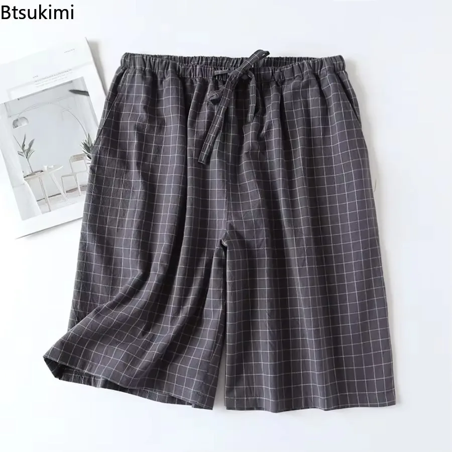 Mens Sleep Shorts Pajama Pants 2025 Men's Sleepwear Plaid Design Cotton Casual Loose Double-layer Home Bottoms