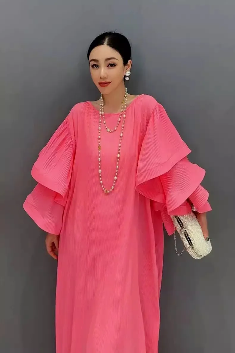 

Luxury Summer Women Loose Casual O Neck Butterfly Sleeve Fashion Elegant Ruffle Party Evening Holiday Dresses