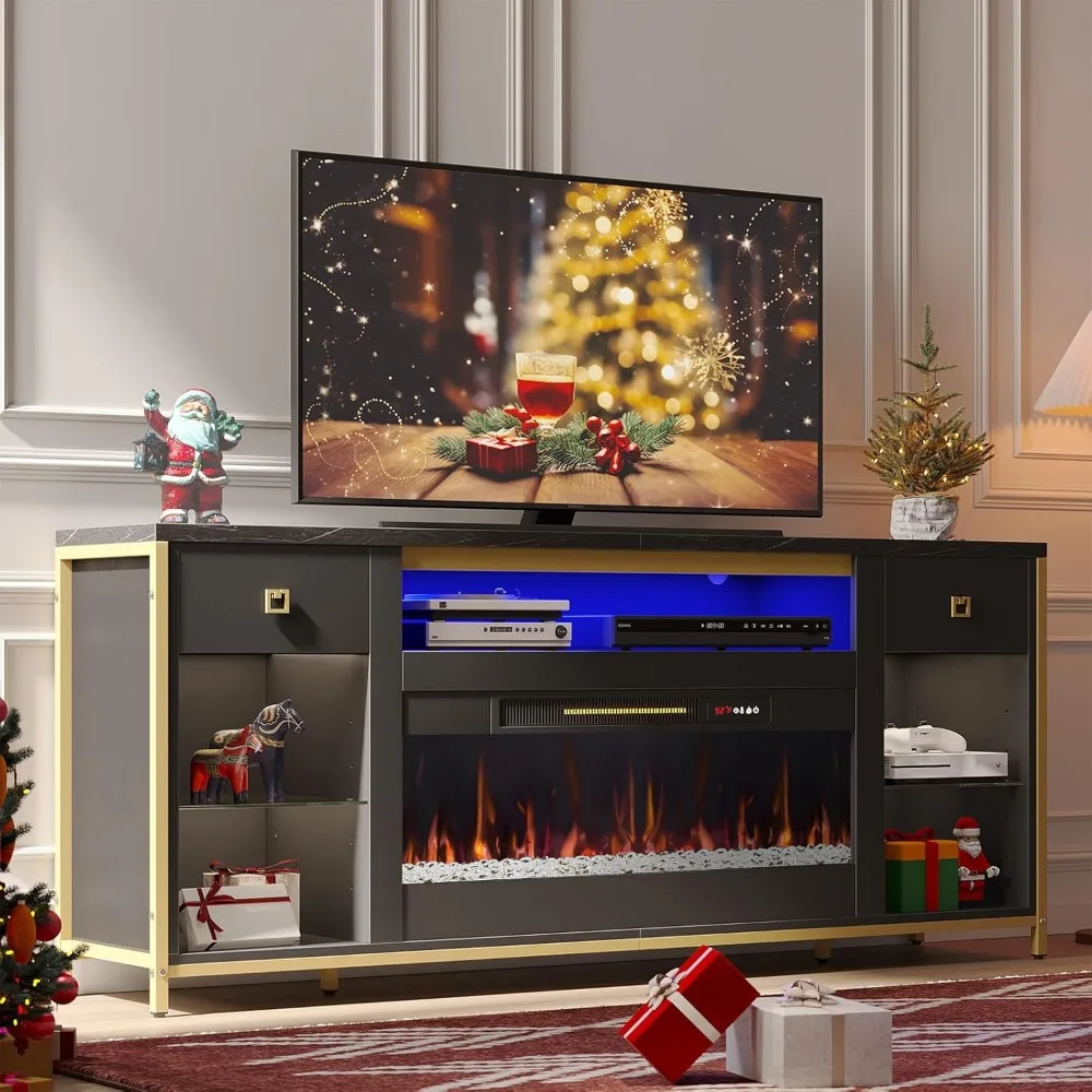 Fireplace TV Stand, 70 Inch TV Stand with 36 Inch Big Fireplace for TVs Up to 80", with Faux Marble Top, LED Media Console 2