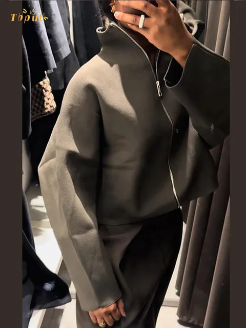 Cardigan court tricoté solide pour femmes, décontracté, manches longues, fermeture éclair, manteaux courts amples, vêtements d'extérieur à la mode pour les déplacements quotidiens, 2025 1