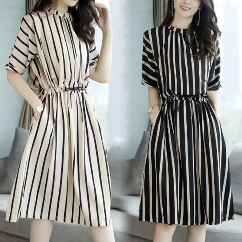

Office Lady Korean Striped A-Line Midi Dress 2024 Summer Short Sleeve Female Clothing Fashion Shirring Waist Loose Basic Dresses
