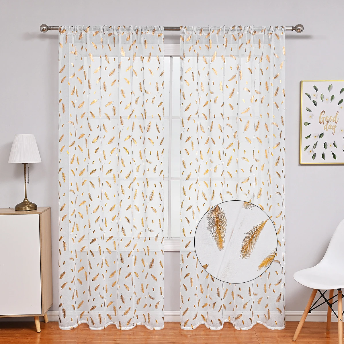 1pc Hot stamping Sheer Curtain, Gilded Feather Pattern Window Curtains for Room