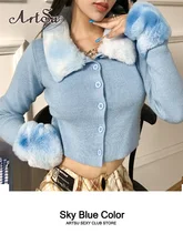  Artsu Ribbed Knitted Cardigans Sweaters With Fur Trim Collar Long Sleeve Slim Autumn Winter Jumpers Women Knitwear Chic 42015 