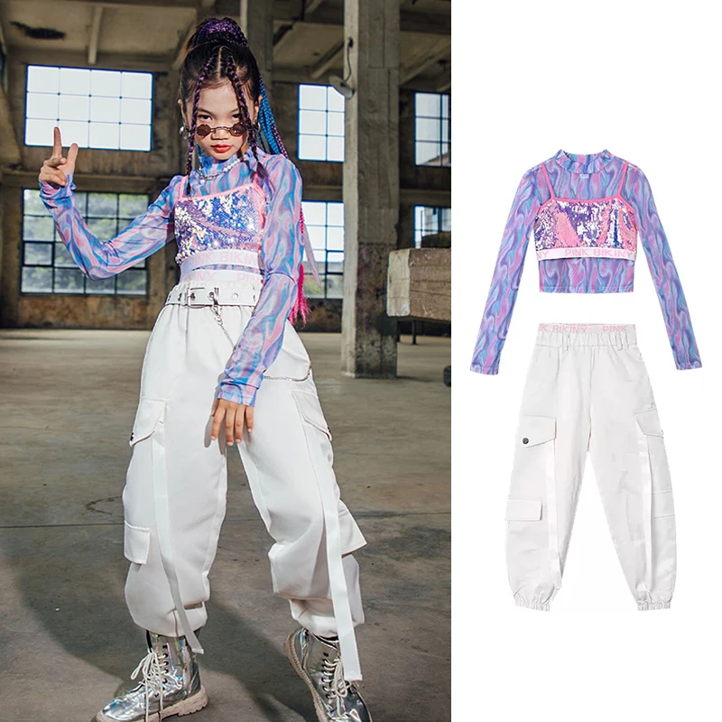 

Sequins Jazz Dance Costume For Girls Tie Dye Tops Cargo Pants Hip Hop Dancewear Kpop Outfit Street Dance Stage Clothing YS2704