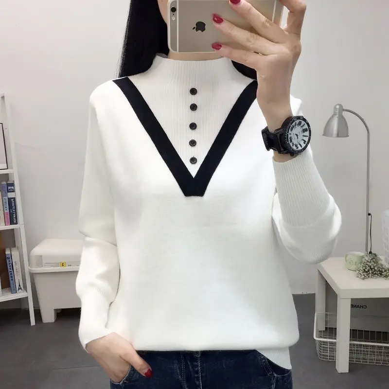

Solid Color Winter Women's Contrasting Half High Neck Long Sleeved Sweater Winter Lion Mountain Commuting Casual Versatile Top