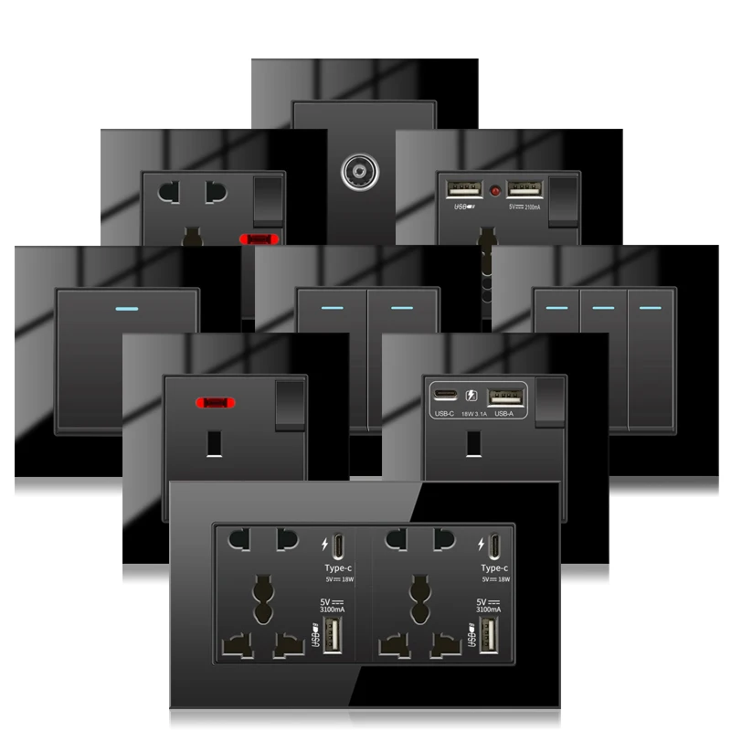 Black Wall Power Outlet com Porta Usb Quick Charge Plug Wall Light Switch Painel Reino Unido 13a 18w 14gang 1-4gang