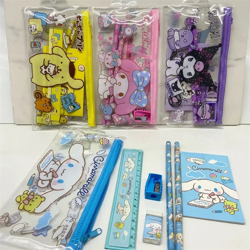 

24pcs Cartoon Cute Sanrio Pencil Ruler Pencil Sharpener Notepad Eraser Stationery Set Zipper Bag Student Supplies Wholesale