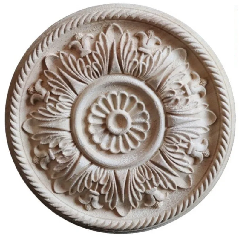 6cm-40cm Round Wood Carving Applique Oak Wood Furniture Decorative Mouldings Decal Cabinet Door Wood Figurine Craft Flower Board