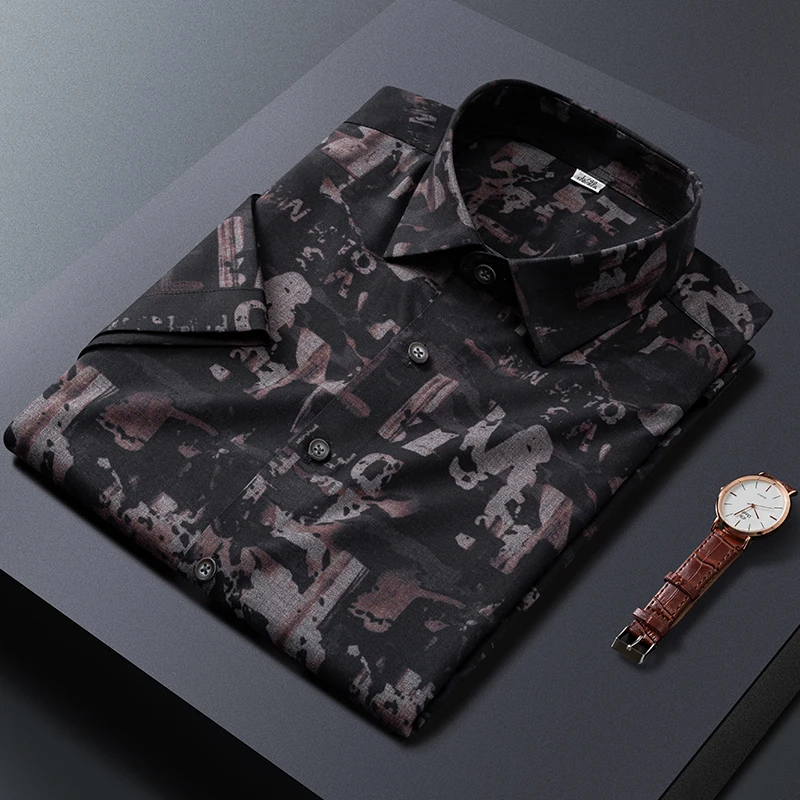Summer New Men Short Sleeve Stretch Bamboo Fiber Dress Shirts Printed Soft Fashion Social Thin Smart Casual Shirt For Men