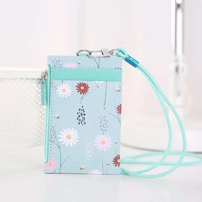 Women Floral Card Holder Wallet Neck Strap Lanyard Badge PU Leather Wallet Bank Credit Card ID Holder Case Purse Bag leather wallet wallet card holder card holder credit card holder credit card wallet card wallet id card holder id card case wallet card bag