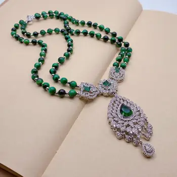 Y·YING 2 Strands Green Tiger Eye Cz Pave Pendant Necklace Gemstone Necklaces Jewelry Women 1