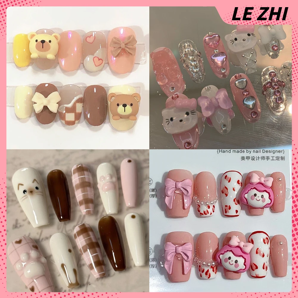 

Handmade Hello Kitty Bear 3D Cartoon Wearable Fake Nails Art Stereo Kawaii Cinnamoroll Holiday Gift Full Cover Press on Nails