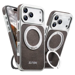 Fashion Magnetic Denim Pattern PU Leather Phone Case with 360° Rotating Ring Bracket - iPhone 15 (Brown)