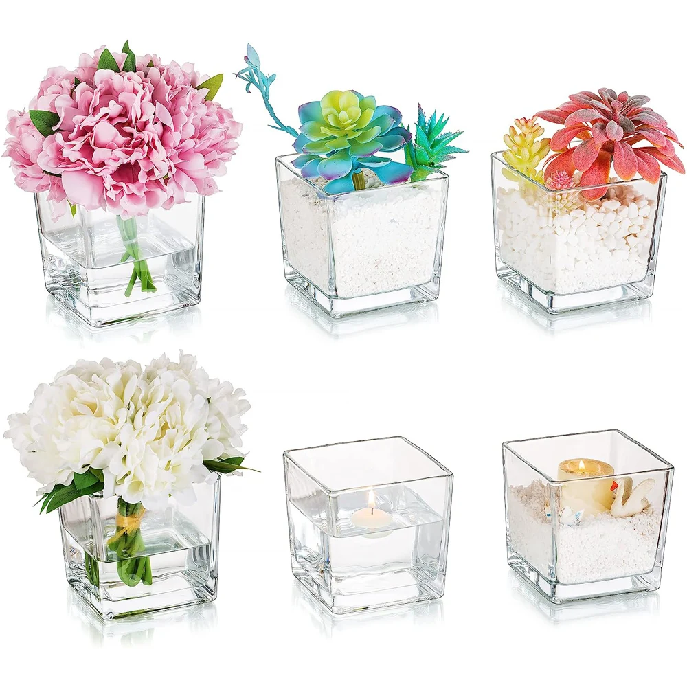 SquareGlassVasesSetof65x5ClearCubeFlowerVaseCandleHolders