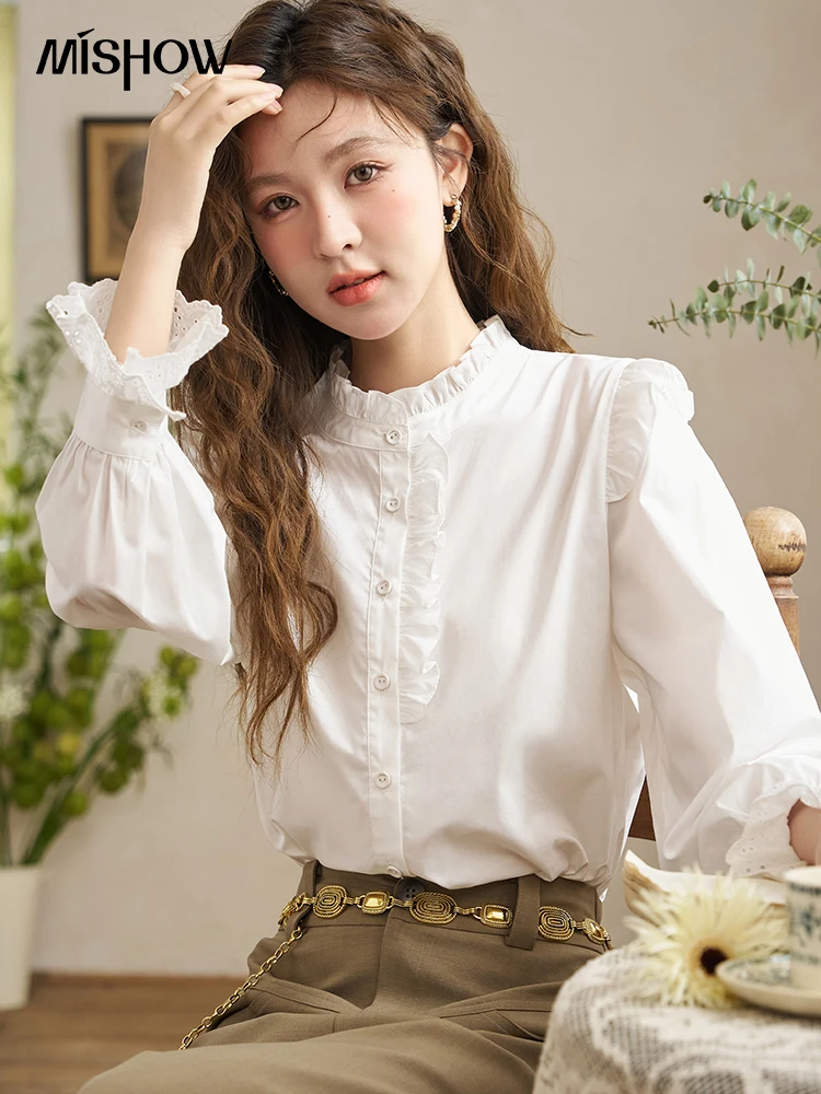 

MISHOW Long Sleeve White Shirt for Women 2024 Spring French Stand Collar Spliced Lace Tops Women's Button Down Blouse MXD12C0148