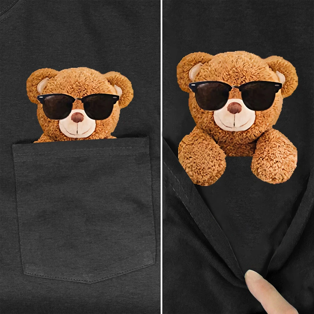 CLOOCL Cartoon Bear T-shirts Fashion Pocket Animals Stickers Printed T-shirts Summer Short Sleeve Shirts Mens Women Cotton Tees