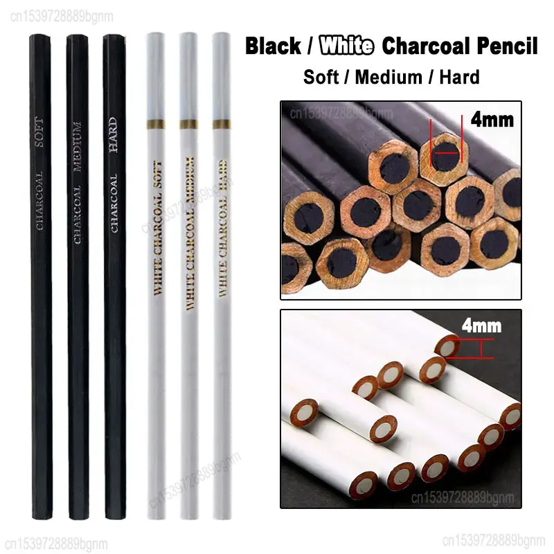 3Pcs 6Pcs Set Black White Sketch Charcoal Pencil Soft Medium Hard 4mm Lead Core Art Drawing Shadow Highlight Details Processing 3pcs marco sketch painting white highlight pen charcoal pencil soft medium hard charcoal art student hand painted sketching pen