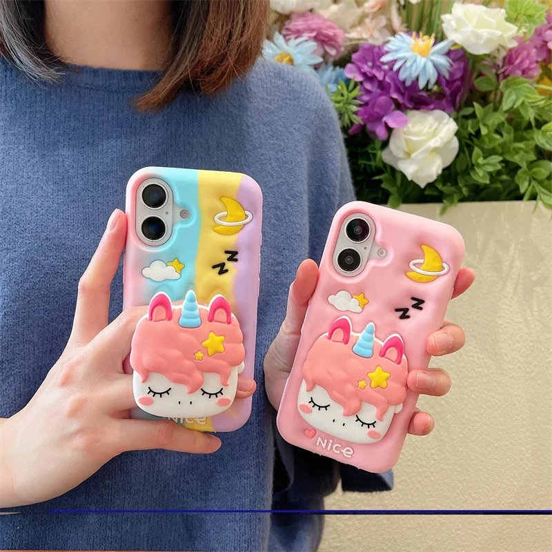 Cute Cartoon Unicorn Phone Case For iPhone 16 15 14 Plus 13 12 Pro Max 11 Soft Silicone Cover