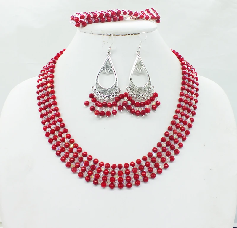 

Classic red coral, crystal, necklace. Bracelets, Studs, African Bridal Necklace Set