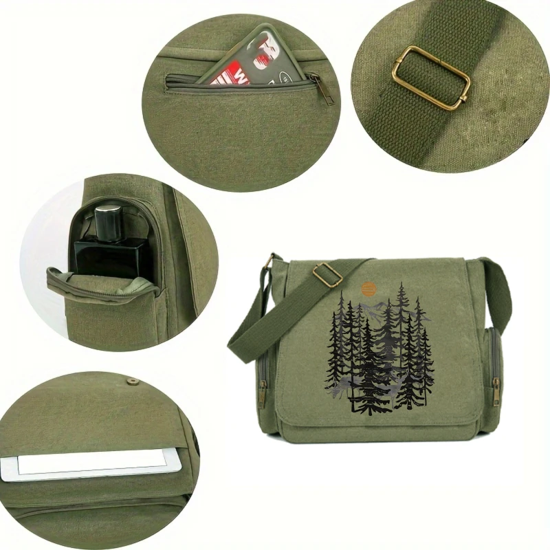 Women's Shoulder Bag Men's Crossbody Bag Canvas Large Capacity Messenger Bag Laptop Bag Forest Print