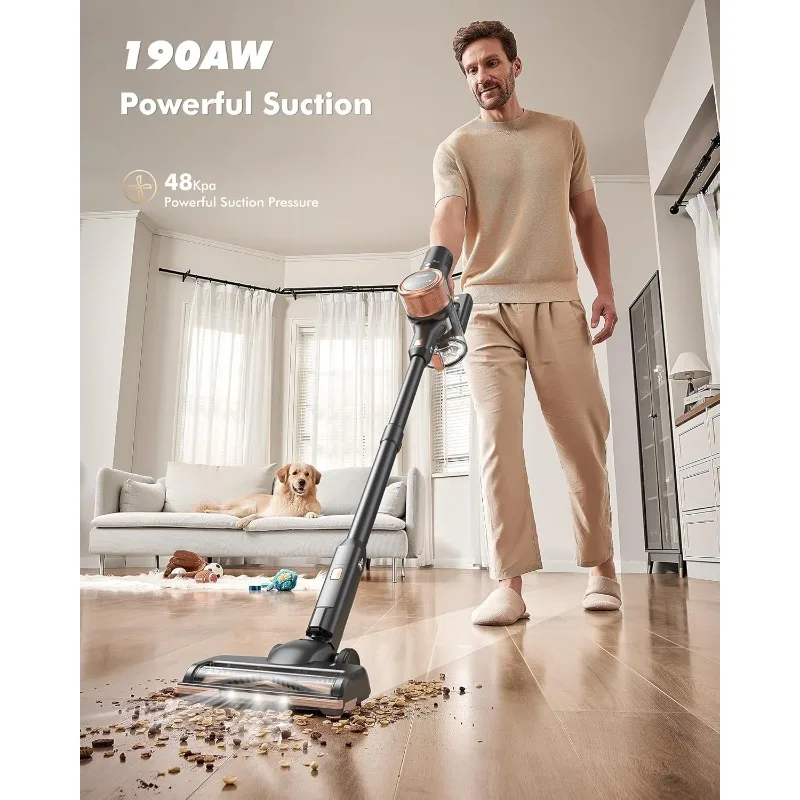 Cordless Vacuum Cleaner, 48kPA/190AW Powerful Suction, Max 60min Runtime, 4000mAh Large Battery, Anti Hair Wrap Stick Vacuum 2