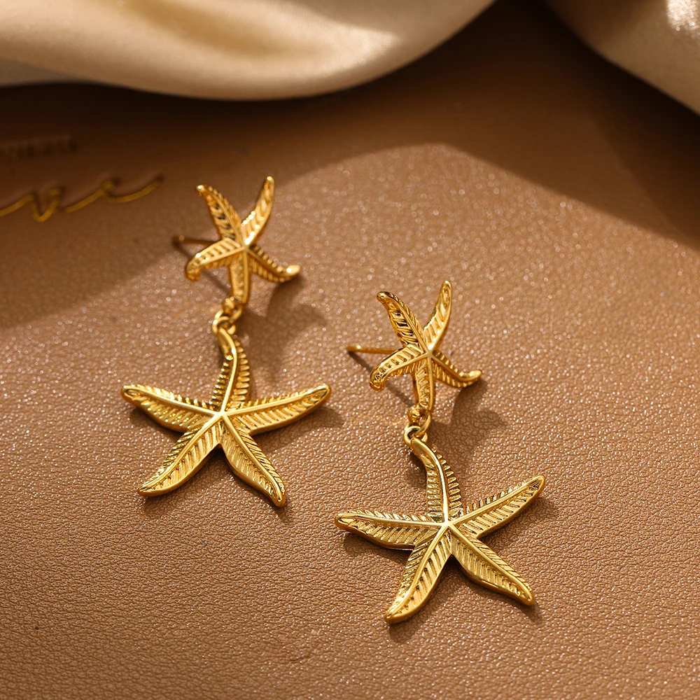 Striped Double Starfish Drop Earrings for Women Stainless Steel PVD Ribbed Star Ear Stud Party Gifts Beach Vintage Jewelry Aros