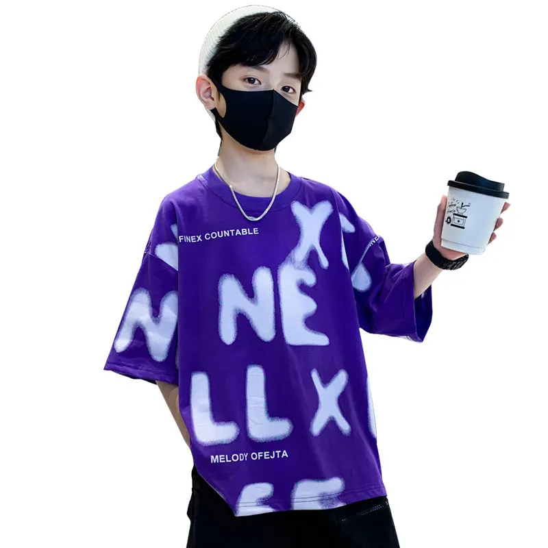 

2023 Boys Short Sleeve T-shirt Korean Casual Tshirt New Summer For Teen T-shirt For Boy With Letter O-neck Clothes Kids Tee Tops