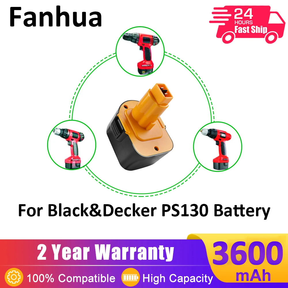 Fanhua 12V 3600mAh NiMH PS130 for Black Decker Tool Power Battery Firestorm Replaceable PS130A A9275 A9252 HP331 HP331K HP331K-2