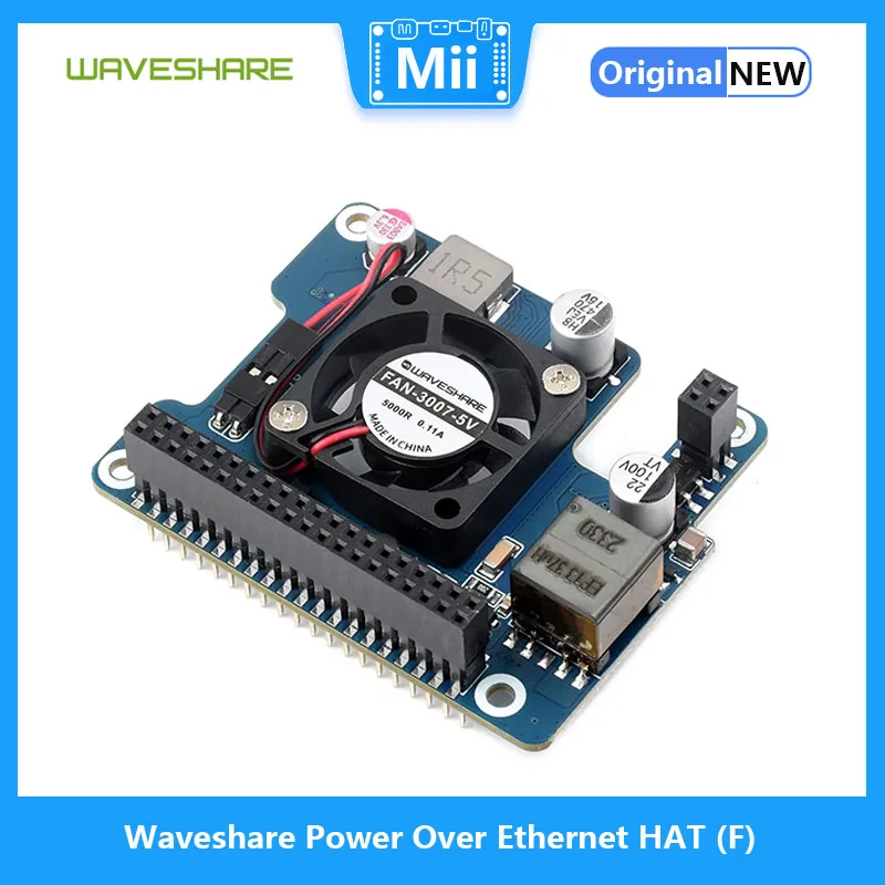 

Плата Waveshare Power Over Ethernet HAT (F) для Raspberry Pi 5, встроенный охлаждающий вентилятор, со стандартной поддержкой 802.3af/at сети