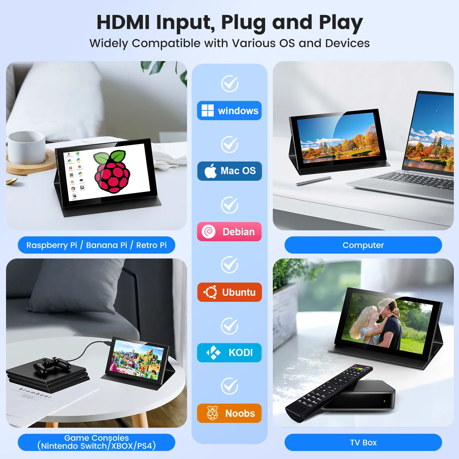 7인치 미니 터치스크린 모니터 휴대용 HDMI/USB-C 라즈베리 파이/PC/게임/PS4용