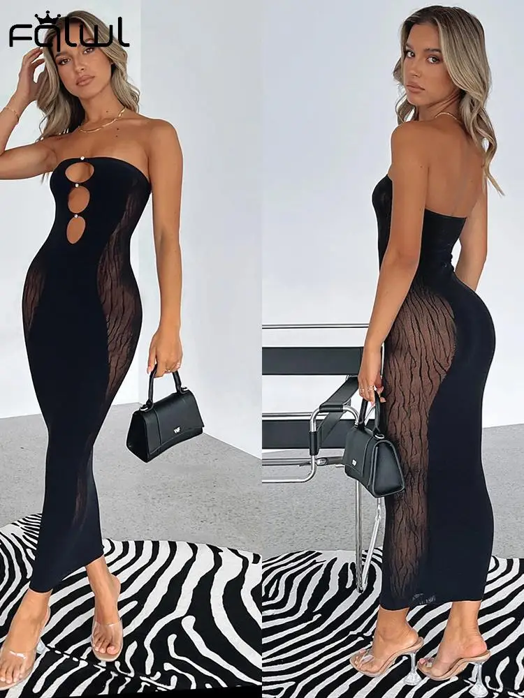 

Habbris Sexy Black Straples Mesh Long Dress Party Evening For Women 2023 Summer See Through Bodycon Maxi Dress Hollow Out Dress