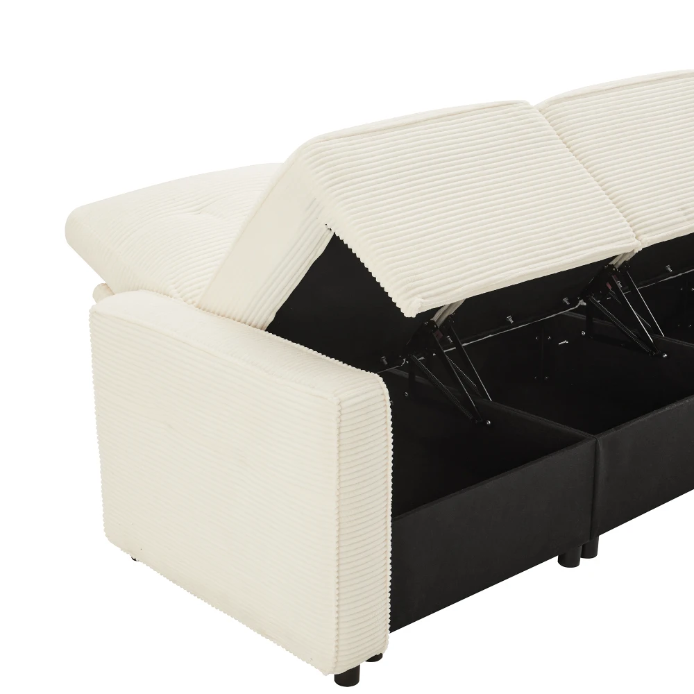 PINGGO Beige Cord-Sofa mit 4 Sitzplätzen und Aufbewahrungshocker 280x146x85cm für Wohnzimmer – Detail 20