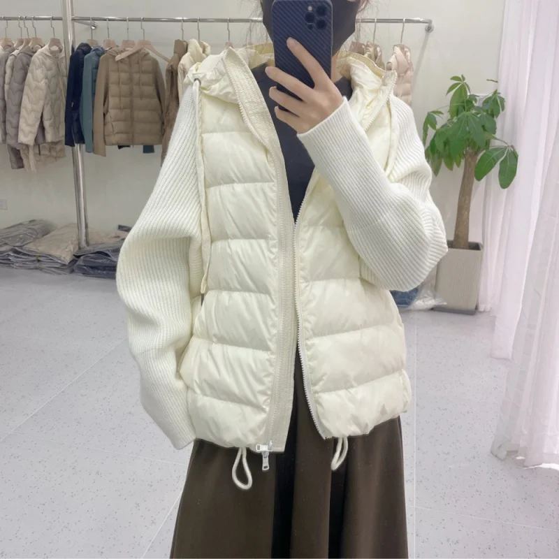 

Warm winterfashionable2023 Autumn and Winter New down Jacket Women's 90 White Duck down Knitted Sleeve Stitching Loose All-Match