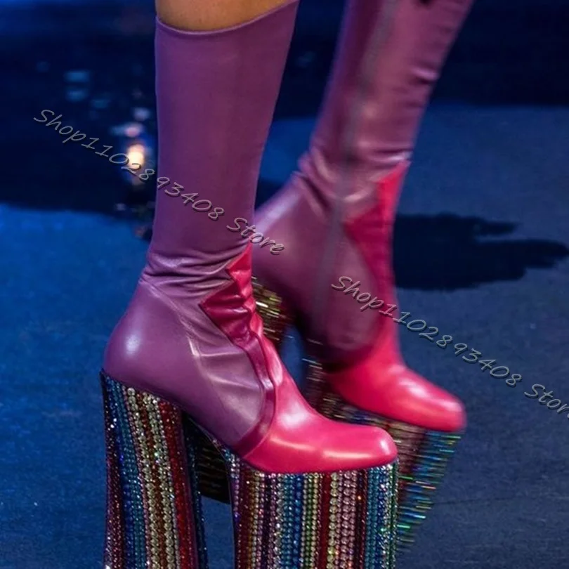 

Mixed Color Rhinestone Platform Boots Round Toe Splicing Chunky High Heels Shoes Women Spring Catwalk Boots Zapatos Para Mujere