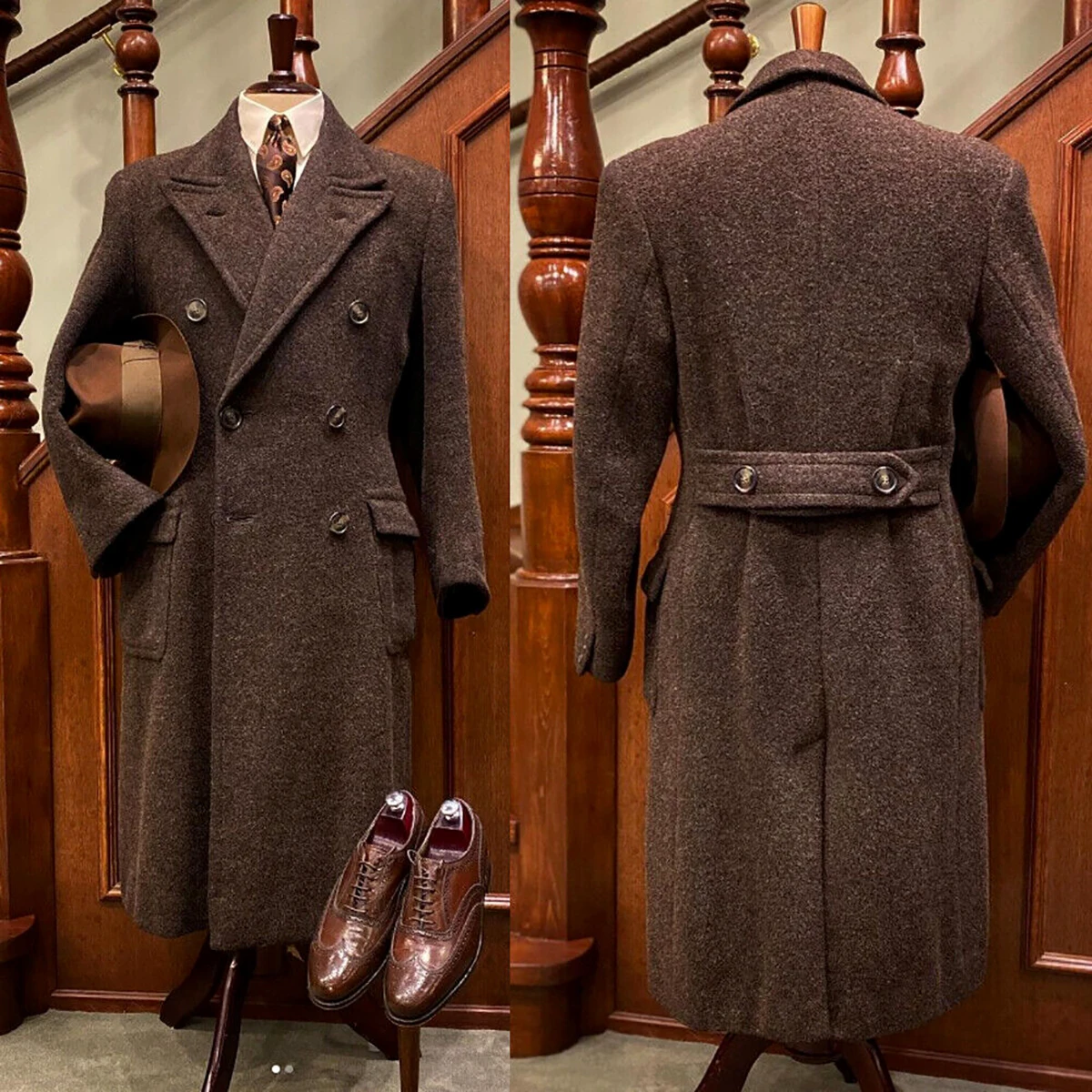 Vintage Men's Tweed Long Overcoat Wool Cotton Peak Lapel Suits Double Breasted 1 Piece Coat Formal WindBreaker Customized