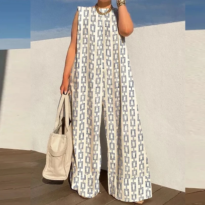 Elegant Patterm Print Loose Long Jumpsuit Summer Office Casual Wide Leg Romper Women Fashion O-neck Sleeveless Playsuit Overalls