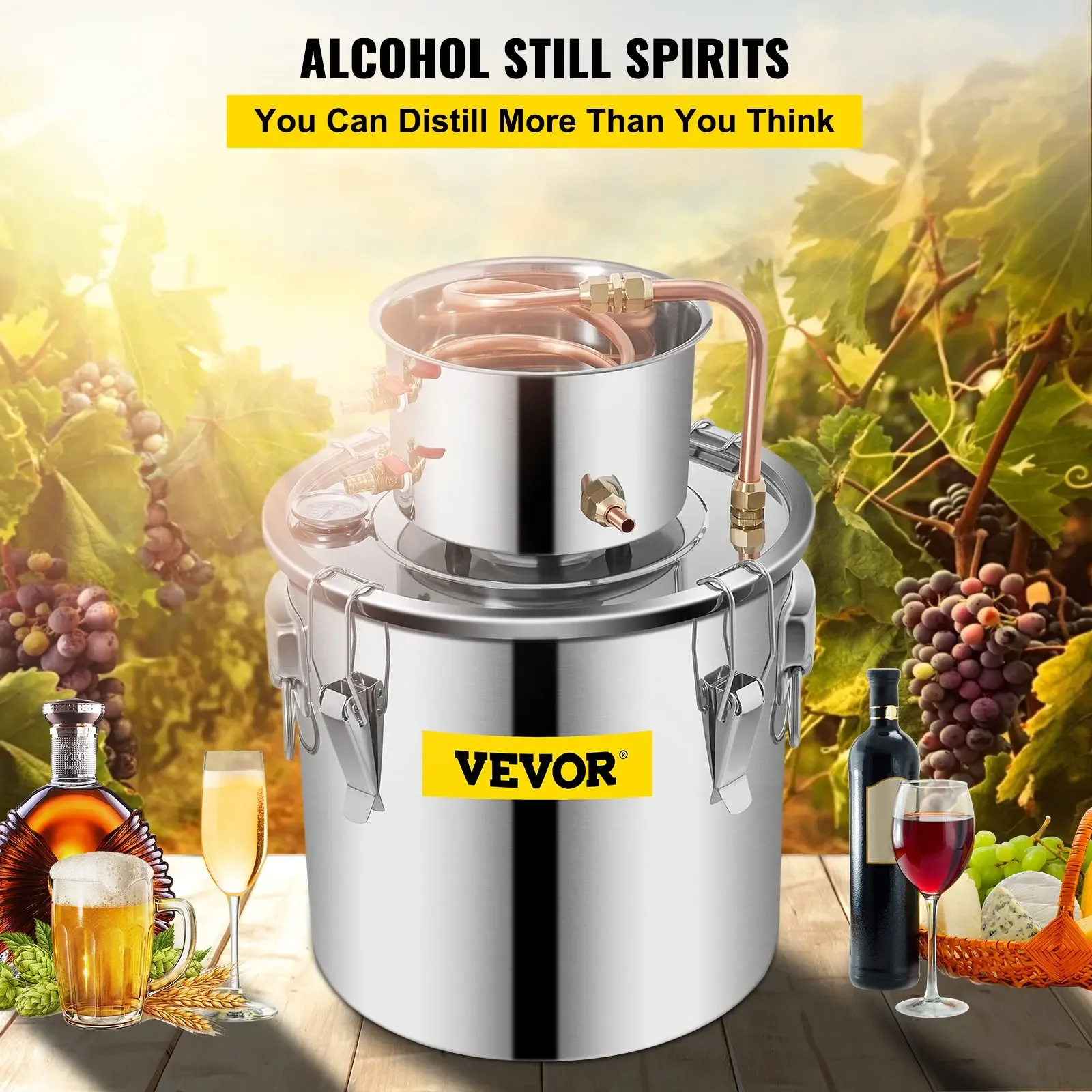 VEVOR Alambic Distiller Alcohol Moonshine 5 Gal DIY Still Stainless Copper Home Brew Water Wine Essential Oil Brewing Kit stainless steel distiller