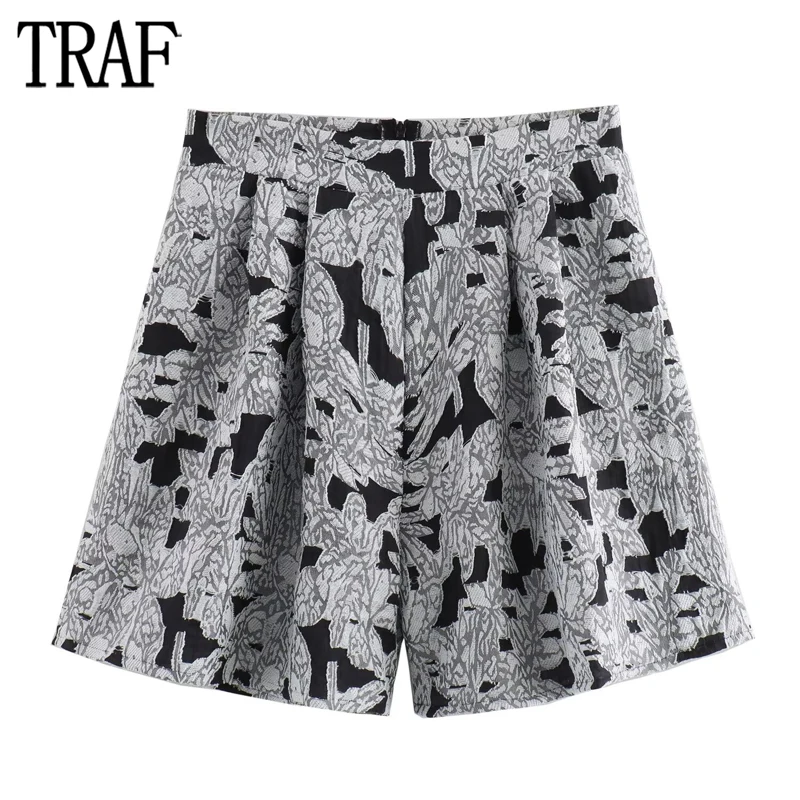 

TRAF Print High Waist Shorts for Women Draped Wide Bermuda Shorts Woman Summer Beach Shorts Women Holiday Casual Women's Shorts