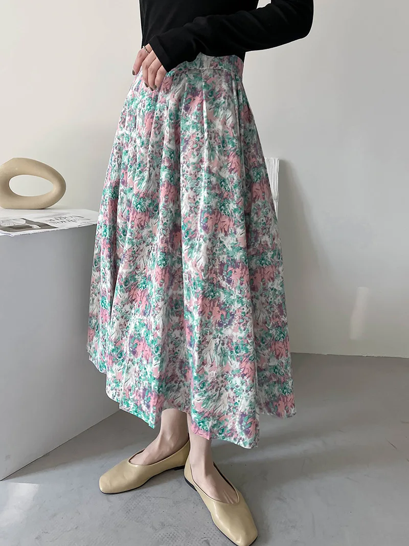 Spring Chic Fresh Floral Print Skirts Womens Vintage High Waist Elegant Pleated Skirt All-match Chiffon Faldas Mujer Moda 2022 mini skirt